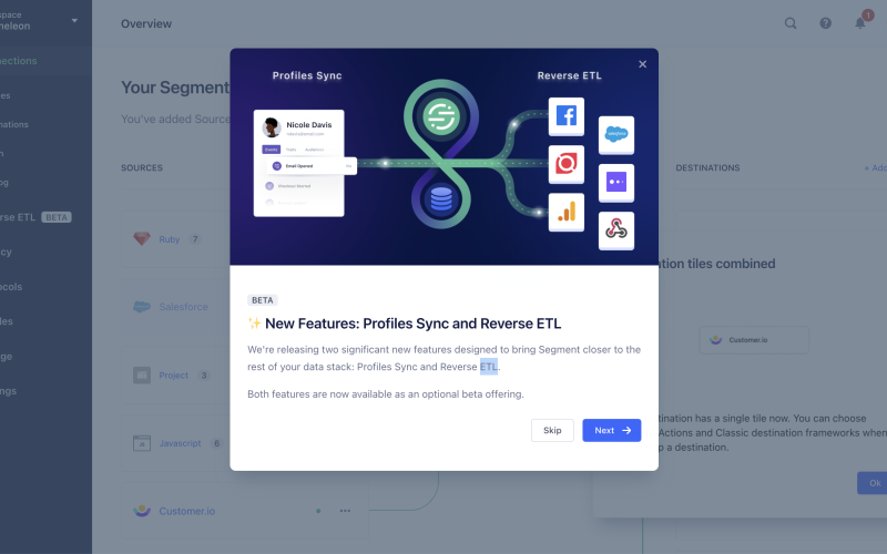 A modal in Segment's interface announcing new beta features