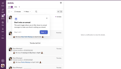 Step 1 of Slack's Activity feed tooltip tour: a tooltip titled 