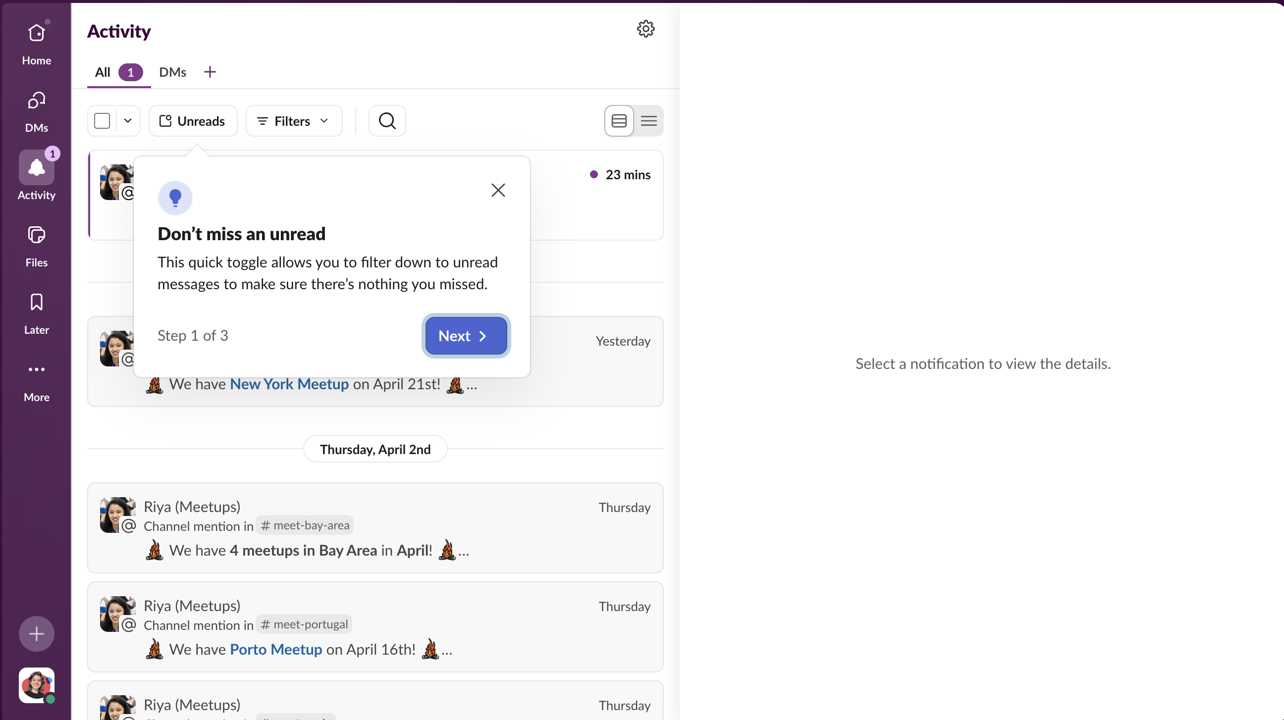 Step 1 of Slack's Activity feed tooltip tour: a tooltip titled 