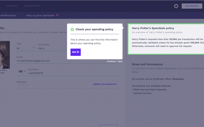 Spendesk user onboarding tooltip with button