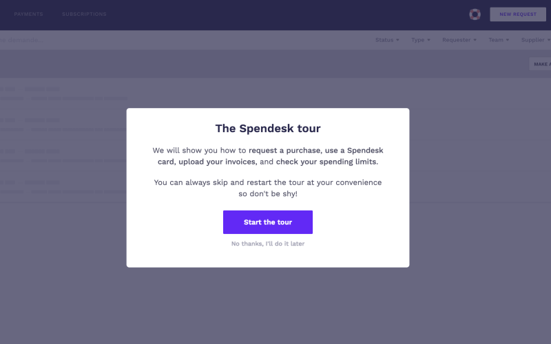 Spendesk user onboarding tour modal