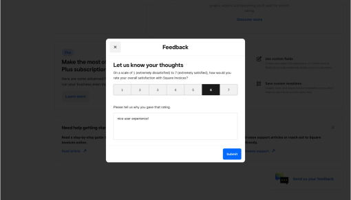 A product satisfaction microsurvey on Square Invoices with a numeric rating scale and an open text follow-up field.