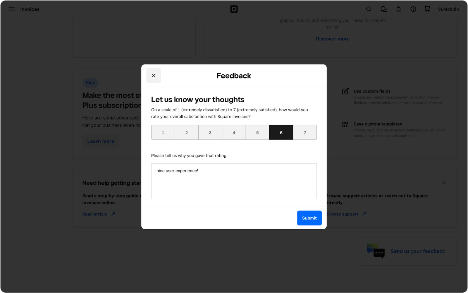 A product satisfaction microsurvey on Square Invoices with a numeric rating scale and an open text follow-up field.