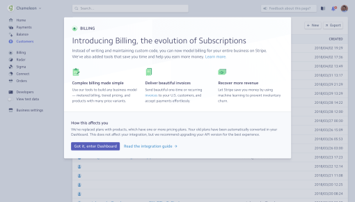 A Stripe feature announcement modal introducing a product overhaul, with three benefit descriptions and a documentation link.