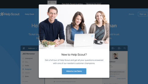 A modal on the Help Scout website featuring an image, a 'New to Help Scout?' heading, and an 'Attend a Live Demo' button, overlaid on the app interface.