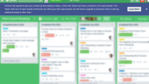 A Trello banner alerting free-plan users to an upcoming board limit, with a 