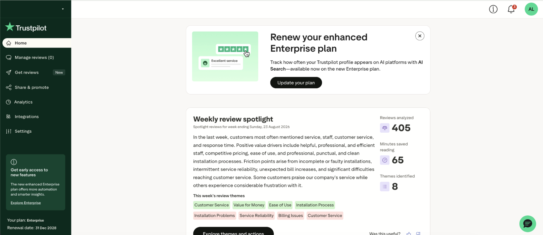 Trustpilot home dashboard showing an embedded Card titled 'Renew your enhanced Enterprise plan' with a review illustration and an 'Update your plan' button