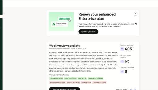 Trustpilot home dashboard showing an embedded Card titled 'Renew your enhanced Enterprise plan' with a review illustration and an 'Update your plan' button
