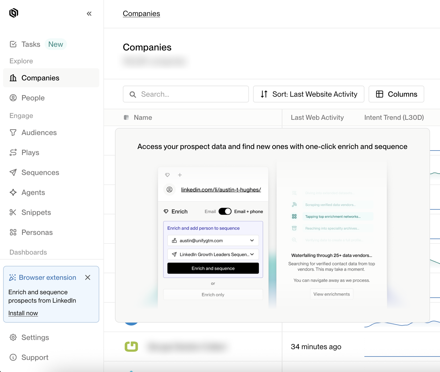 An embedded card in the bottom-left of Unify's nav sidebar promotes the browser extension with an 'Install now' link, without blocking any part of the primary product interface.