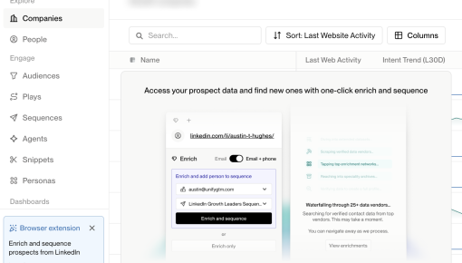 An embedded card in the bottom-left of Unify's nav sidebar promotes the browser extension with an 'Install now' link, without blocking any part of the primary product interface.