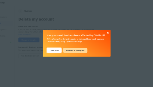 A churn-deflection modal on Zapier's account deletion page, offering a retention incentive for small businesses affected by COVID-19.