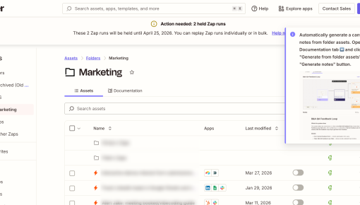 A folder view in Zapier with a modal in the top right announcing a new feature. The modal includes a preview image of what the feature produces.