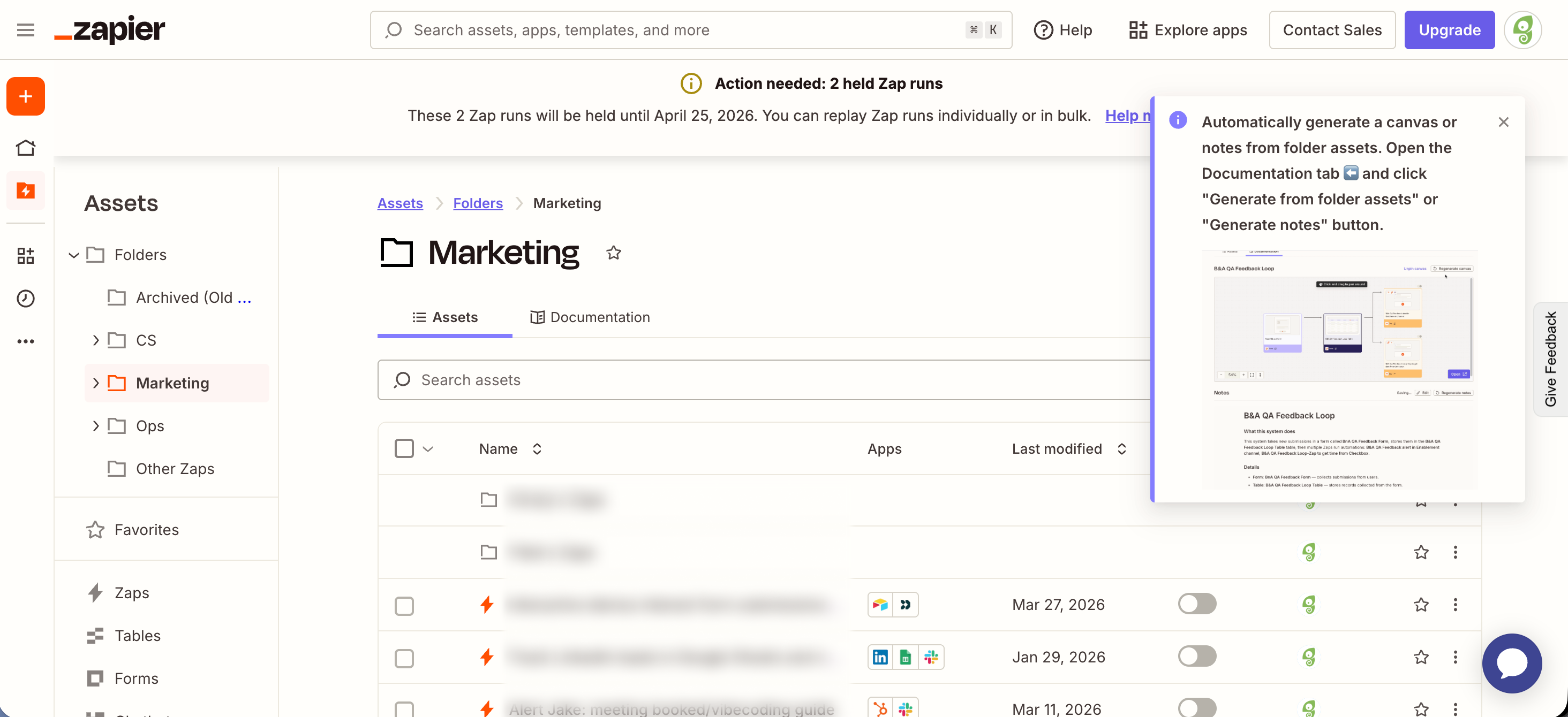 A folder view in Zapier with a modal in the top right announcing a new feature. The modal includes a preview image of what the feature produces.