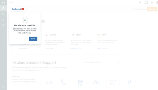 The first checklist item from Zendesk, displayed in the top left of the screen. The SaaS onboarding modal displays a completion ring and manages expectations with the copy: 