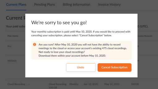 A Zoom churn deflection modal warning users about data they'll lose by canceling their subscription.