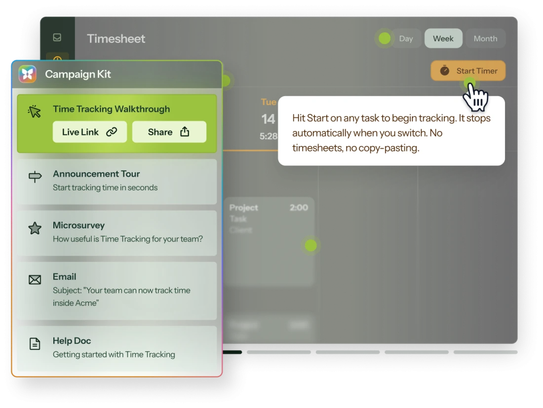 A Chameleon Campaign Kit panel listing generated launch assets for a time tracking feature — a demo walkthrough, an announcement tour, a microsurvey, an email, and a help doc — overlaid on an interactive demo explaining the feature.