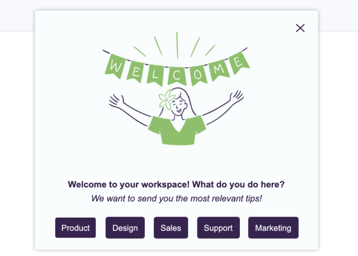 A Chameleon Microsurvey with a welcome illustration asking users to select their role from button response options.