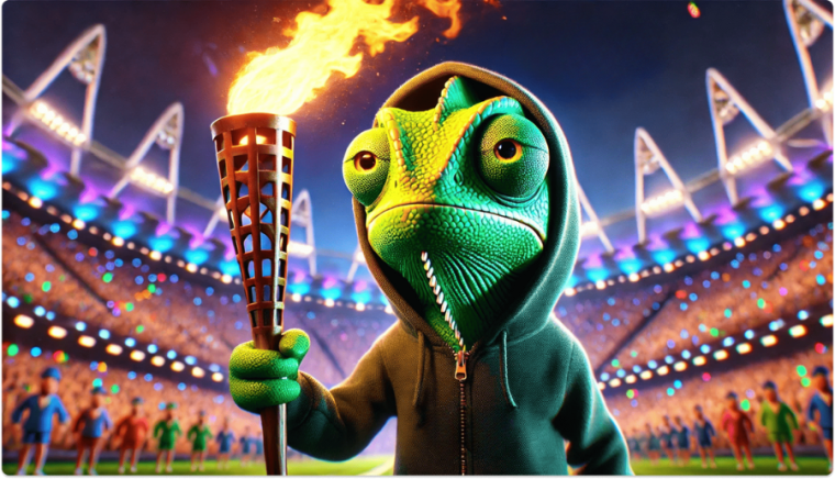 An illustrated Chameleon mascot in a hoodie holding an Olympic torch inside a packed stadium.