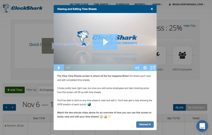 Clockshark uses a modal video to guide users through how they navigate and benefit from the product. The modal. covers center screen and is accompanied by copy and emojis for that added bit of charm