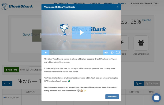 Clockshark uses a modal video to guide users through how they navigate and benefit from the product. The modal. covers center screen and is accompanied by copy and emojis for that added bit of charm