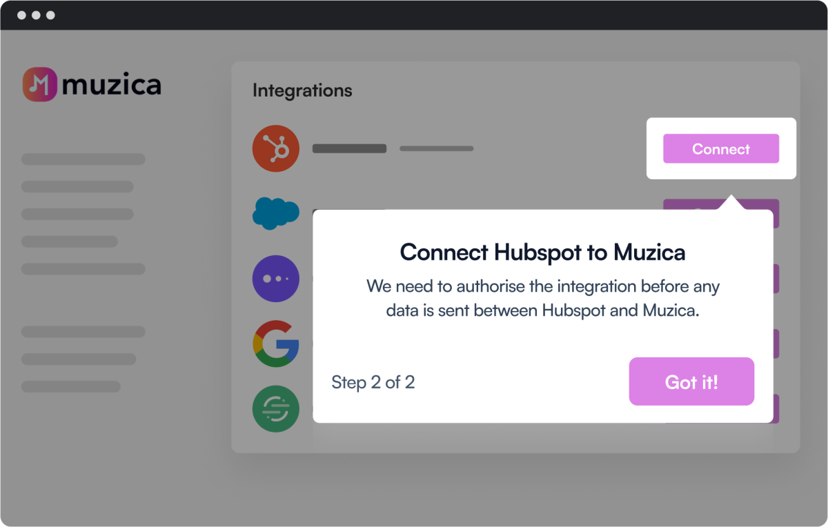 The final step in a Chameleon product tour prompting users to authorize a HubSpot integration, overlaid on a mockup app's Integrations page.