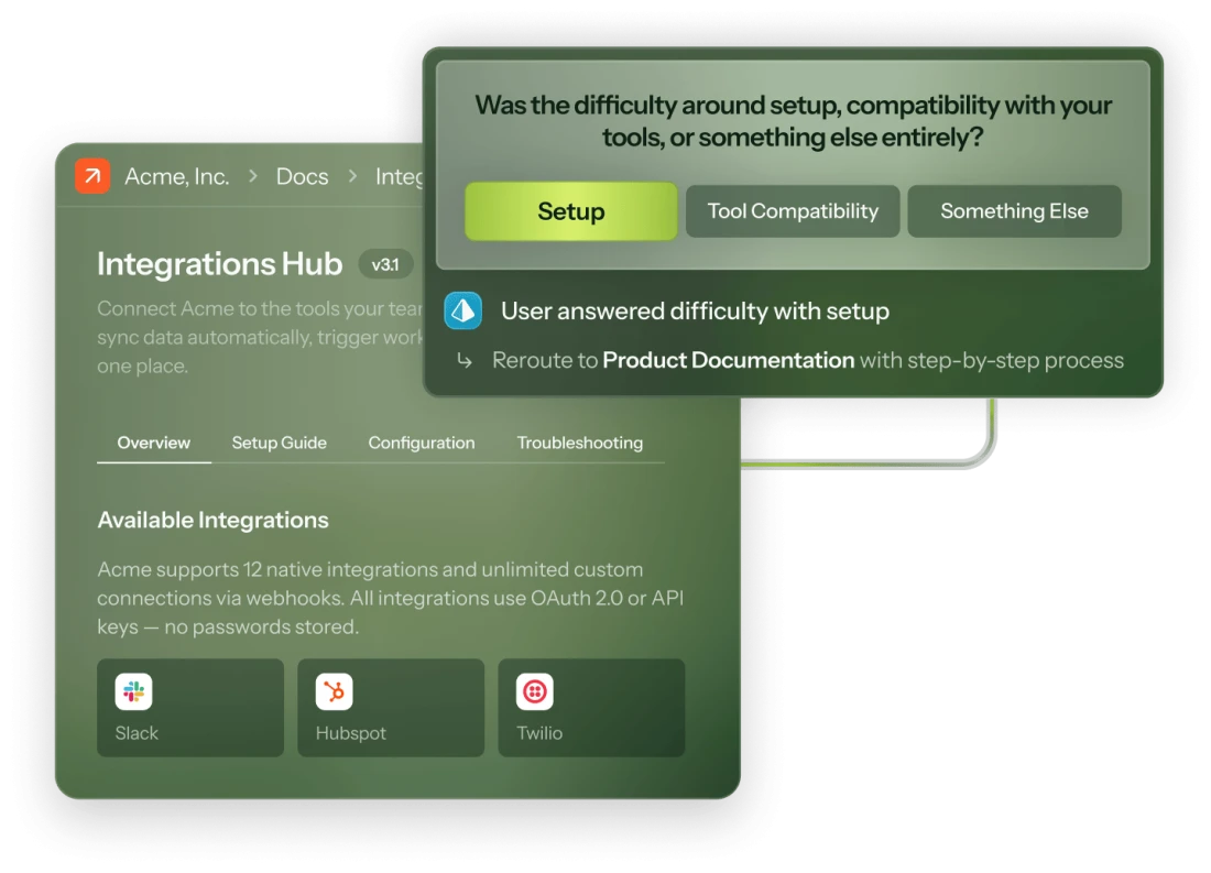 A Chameleon microsurvey on a fictional product page asking about a difficulty type, with 'Setup' highlighted, routing the respondent to a follow-up action.