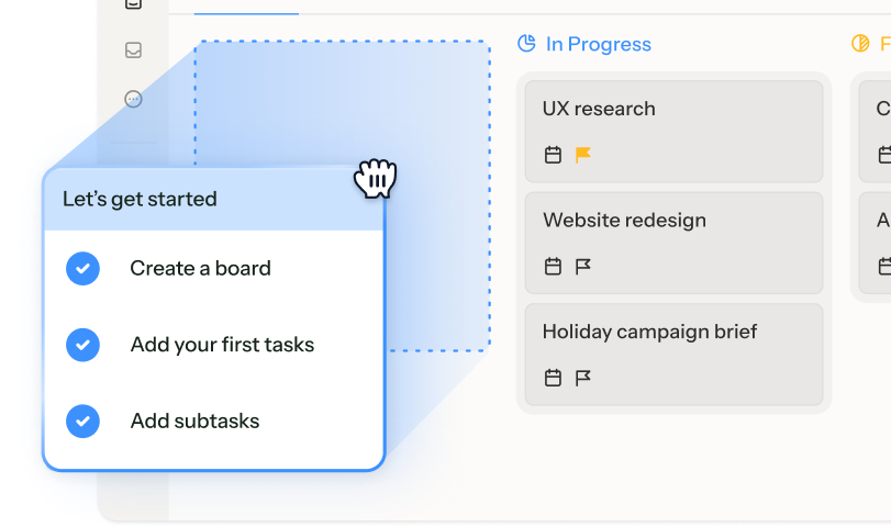 A Chameleon Launcher used as an onboarding checklist with three completed steps, overlaid on a fictional project management app.