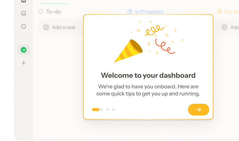 A Chameleon onboarding tour step welcoming users to a dashboard, with a party hat illustration.