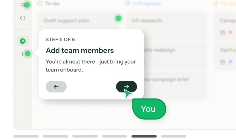 A Chameleon interactive demo showing an onboarding tour step for adding team members.