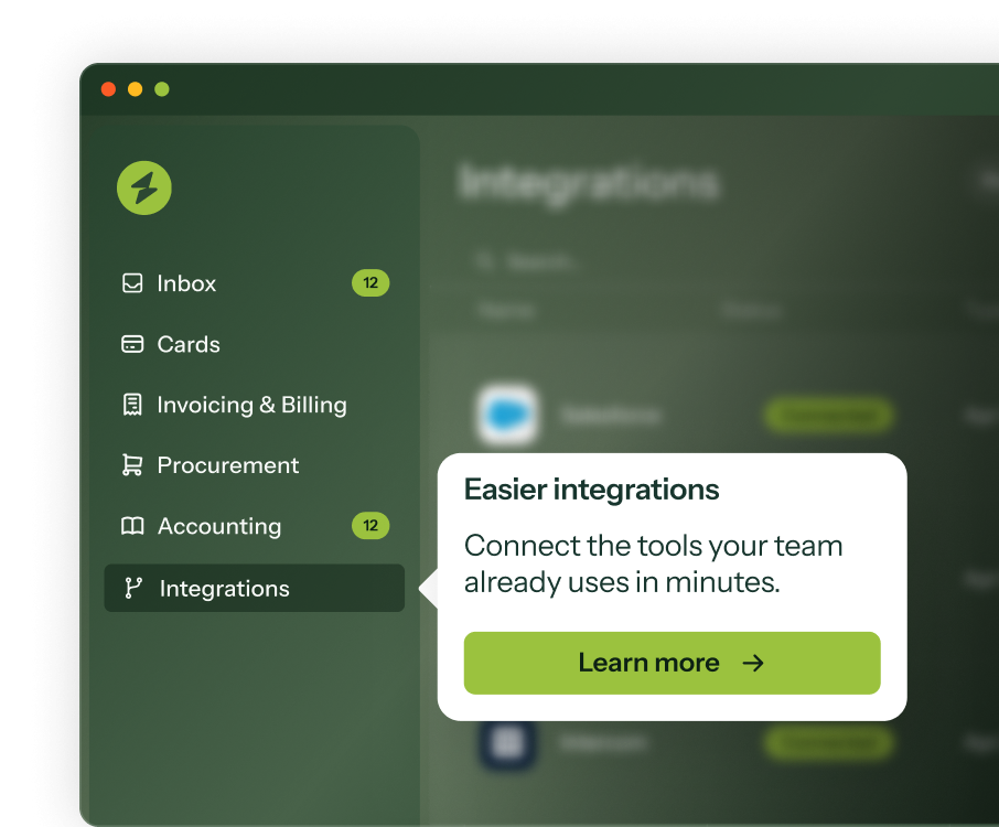 A Chameleon tooltip pointing to a sidebar menu item, with a button.