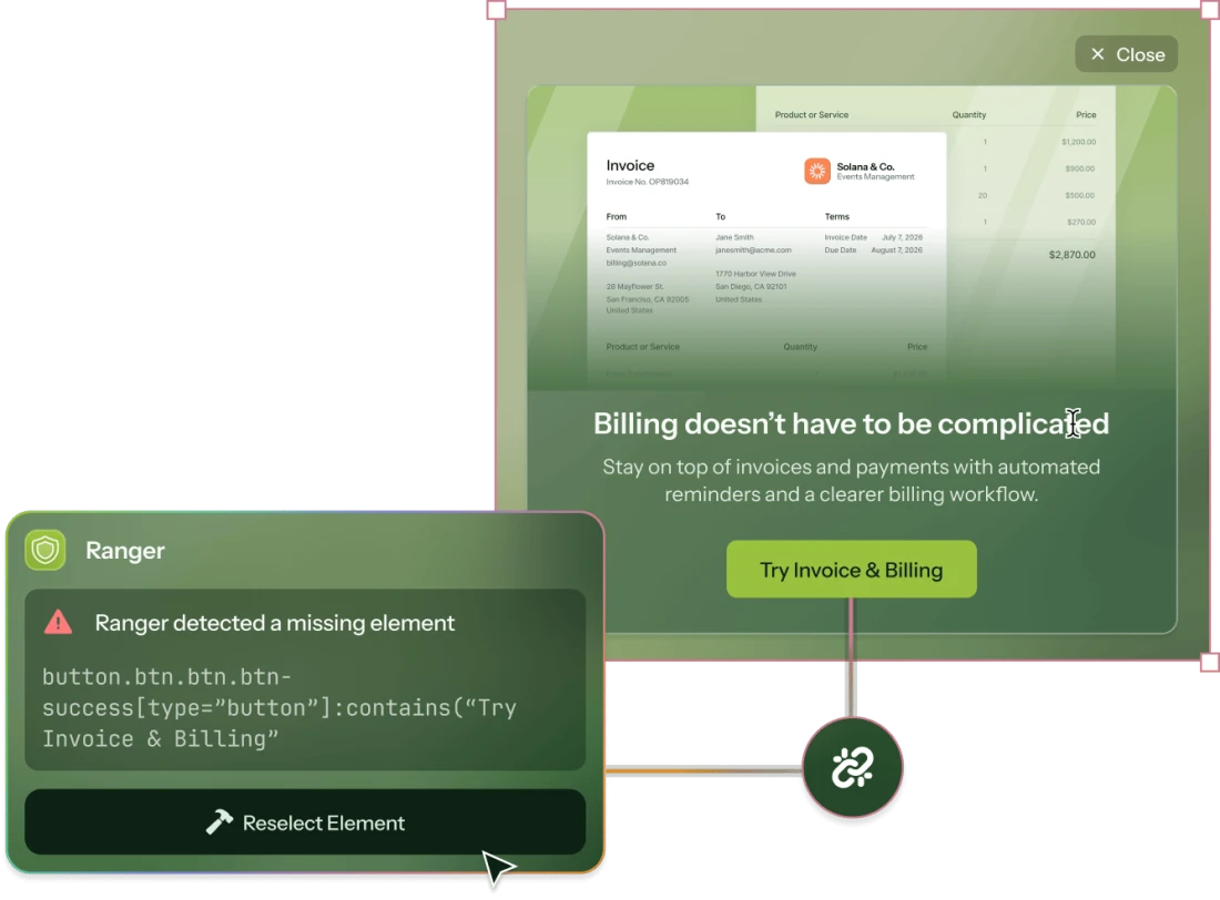 A Ranger warning panel showing a detected missing element on a product page, with a Reselect Element action.