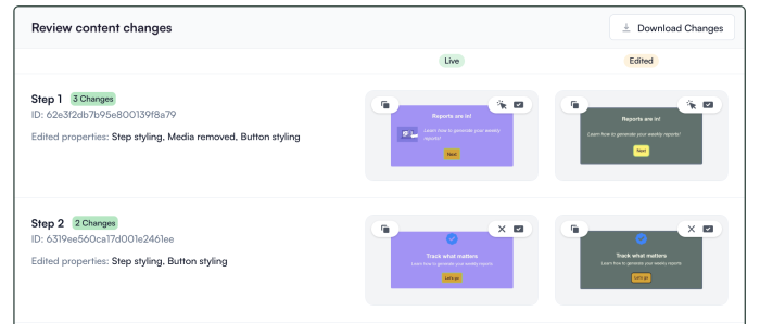 The Chameleon dashboard's Review content changes screen, showing a side-by-side Live vs. Edited comparison for two tour steps with their edited properties listed.